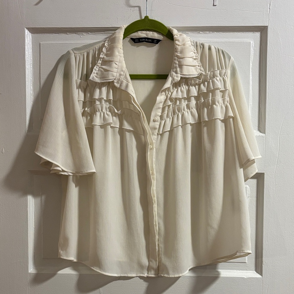 Zara Off White Short Sleeve Blouse